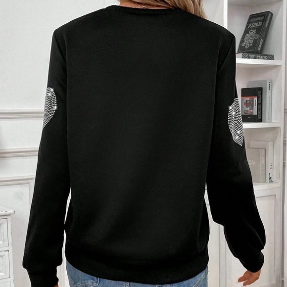 Black Casual Womens Rhinestone Decor Heart Pattern Crew Neck Sweatshirt - Picture 2 of 5